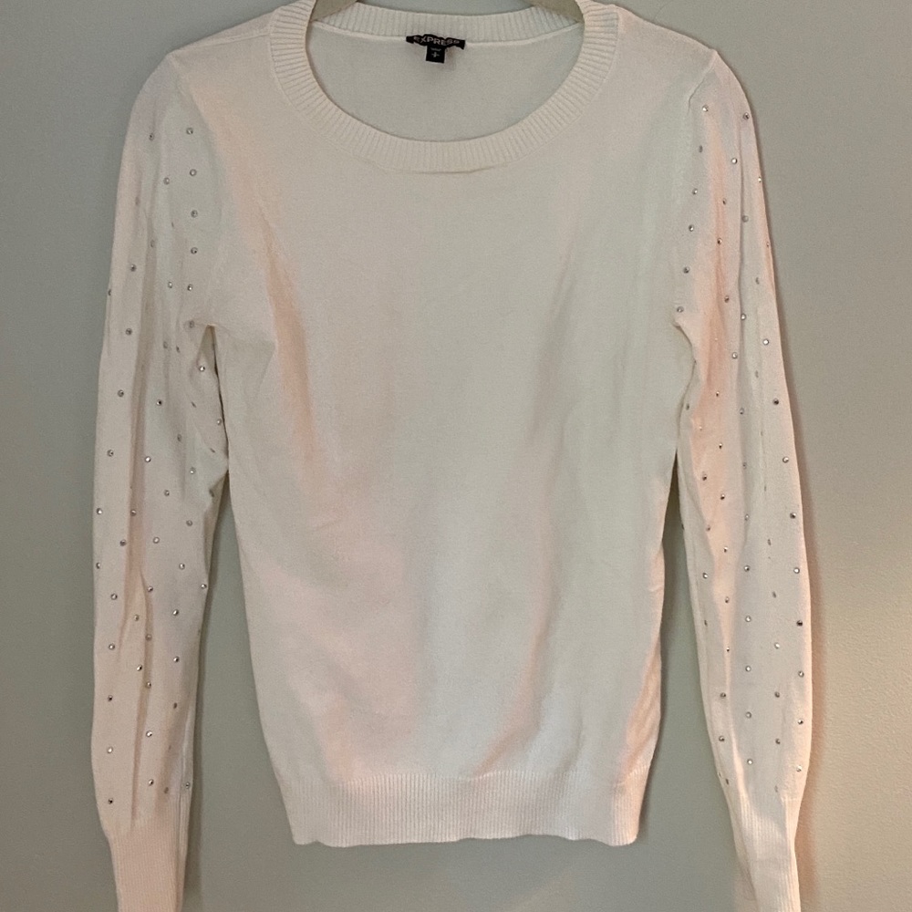 Express White Sweater with Rhinestone sleeves
